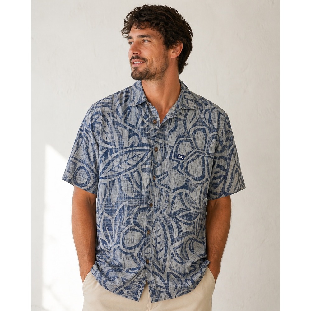 Rix Hawaii XL Aloha Shirt Made in Hawaii Blue Gray Floral Tropical Cotton Button